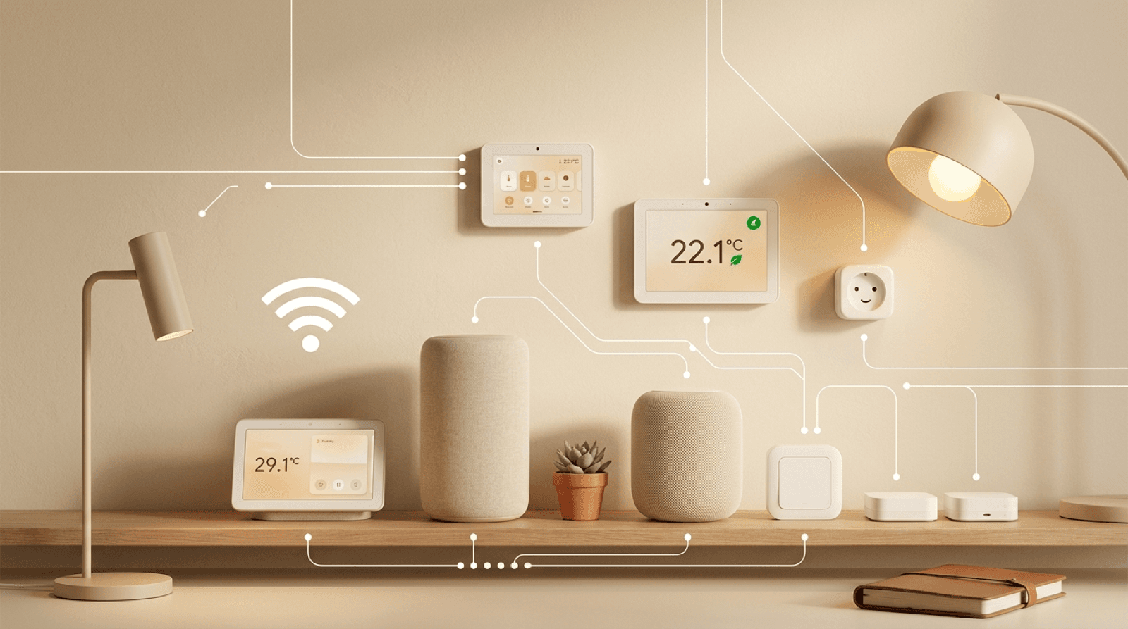 Curated composition of smart-home devices on a warm cream shelf — smart screens, smart speakers, smart bulb, smart plug, smart sensors — connected by thin white circuit-style lines with a WiFi symbol overlay