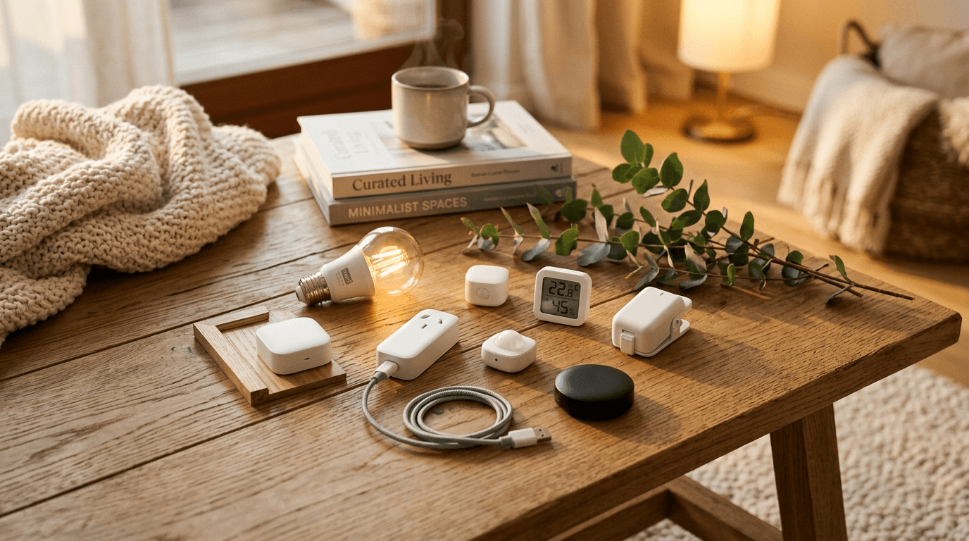Editorial flat-lay of an 8-piece smart-home starter kit on a warm oak table — two Edison-style smart bulbs, a temperature/humidity sensor, a small white smart switch, a motion sensor, a smart plug, an IR remote bridge, a steaming ceramic mug, eucalyptus sprig