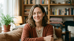 Portrait of Elena Maris — soft natural light, rust-coloured cardigan, warm bookshelf-lined living room