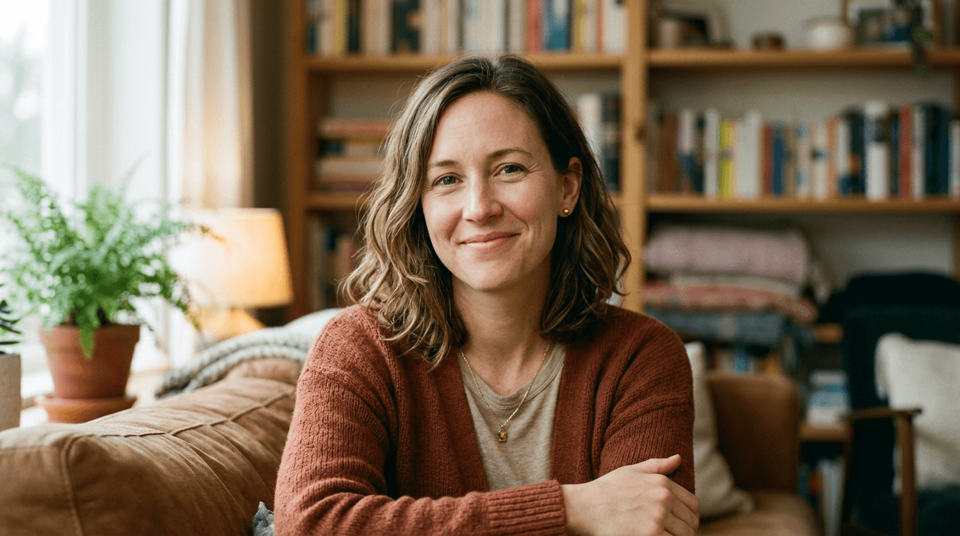 Portrait of Elena Maris — soft natural light, rust-coloured cardigan, warm bookshelf-lined living room