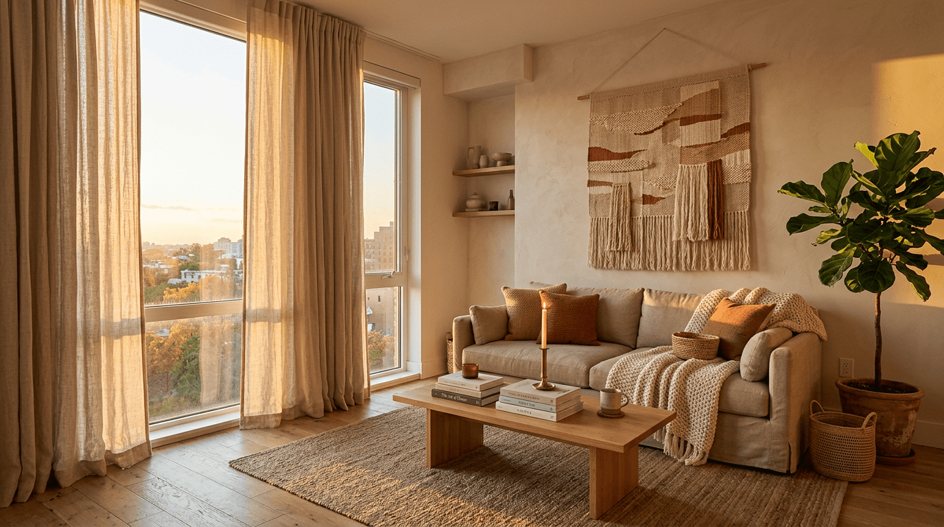 Warm modern living room at golden hour — long linen curtains, oat-coloured sofa with knit throw, low oak coffee table, beige textile wall hanging, fiddle-leaf fig in a terracotta pot