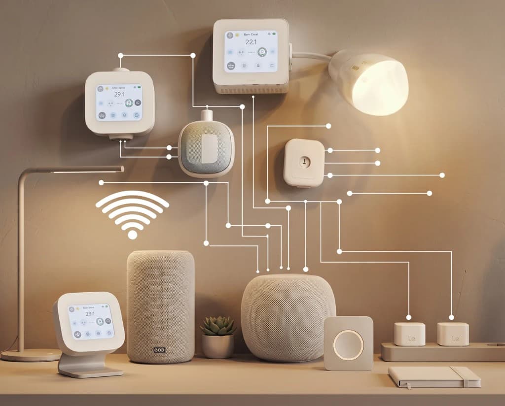 Warm smart-home setup — connected devices and home automation in a softly lit modern room