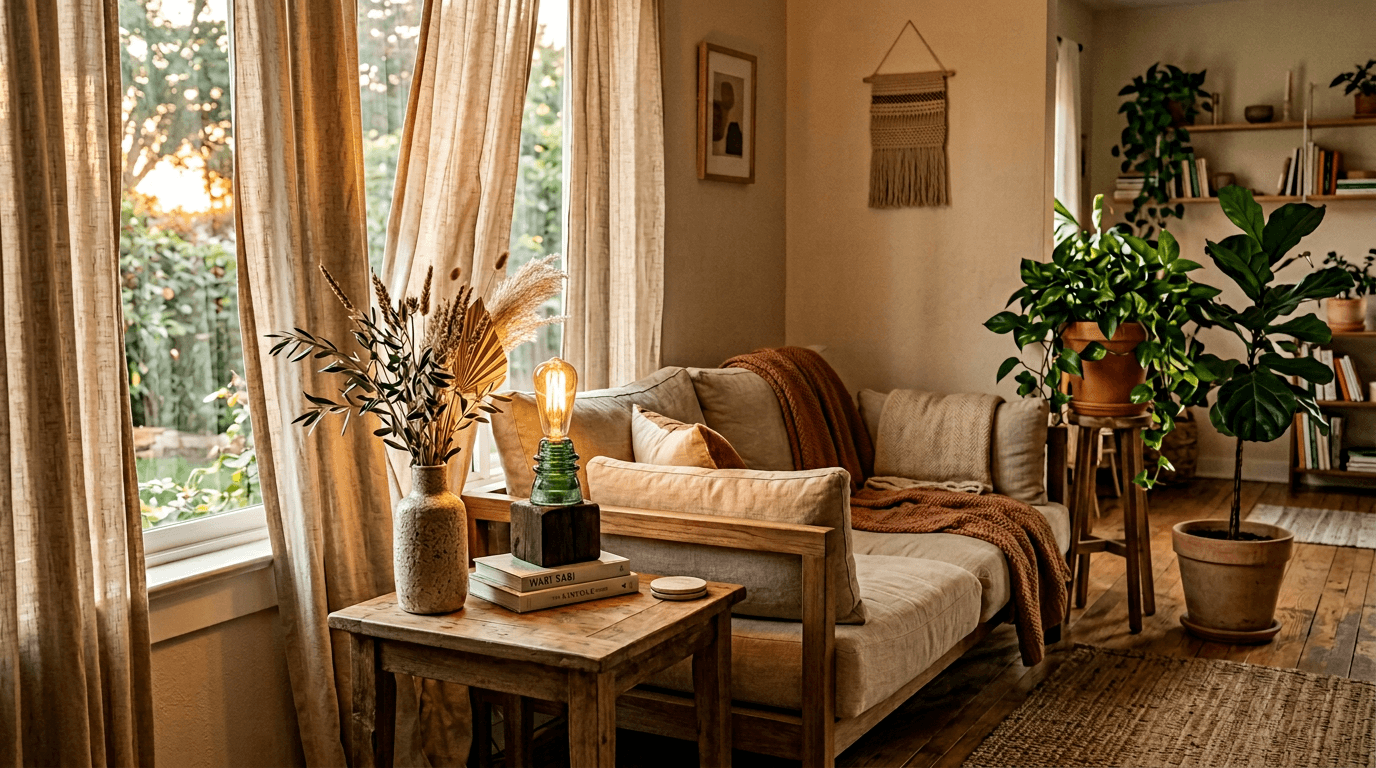 Warm living-room corner at golden hour — linen curtains drifting in soft breeze, a vintage smart-bulb lamp glowing on a wood side table, plants and a sofa with knit throw