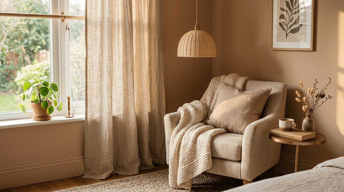Soft warm reading nook — linen curtain, rattan pendant, oat-coloured armchair with a knit throw, brass side table