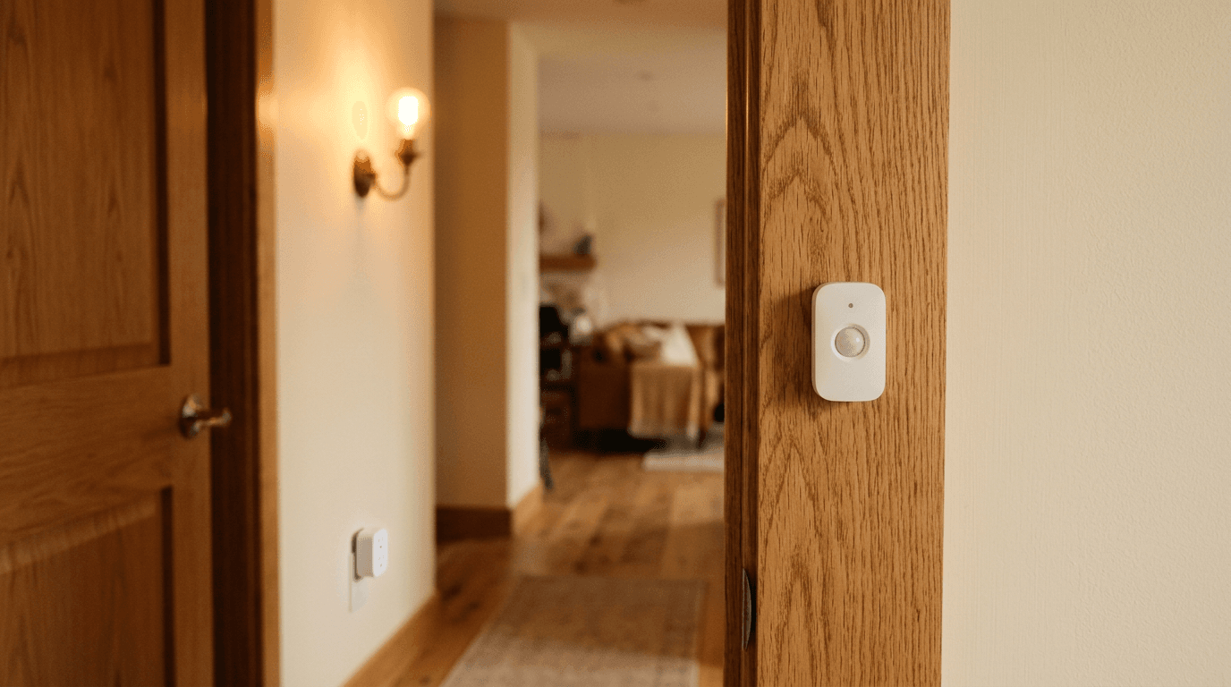 Smart-home detail — small white PIR motion sensor mounted on a wooden door frame, with a warm hallway and a smart plug visible in the distance